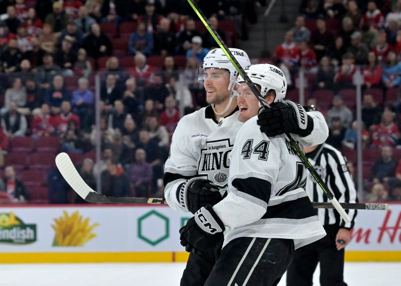 Oct 17, 2024; Montreal, Quebec, CAN; Los Angeles Kings defenseman Mikey Anderson (44) celebrates after scoring a goal against the Montreal Canadiens during the first period at the Bell Centre. Mandatory Credit: Eric Bolte-Imagn Images