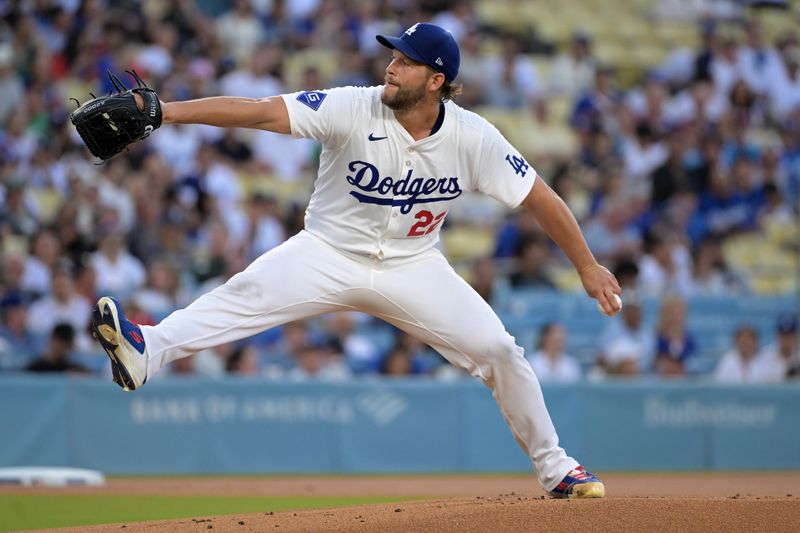 Aug 6, 2024; Los Angeles, California, USA;  Los Angeles Dodgers starting pitcher Clayton Kershaw (22) delivers to the plate in the first inning against the Philadelphia Phillies at Dodger Stadium. Mandatory Credit: Jayne Kamin-Oncea-USA TODAY Sports