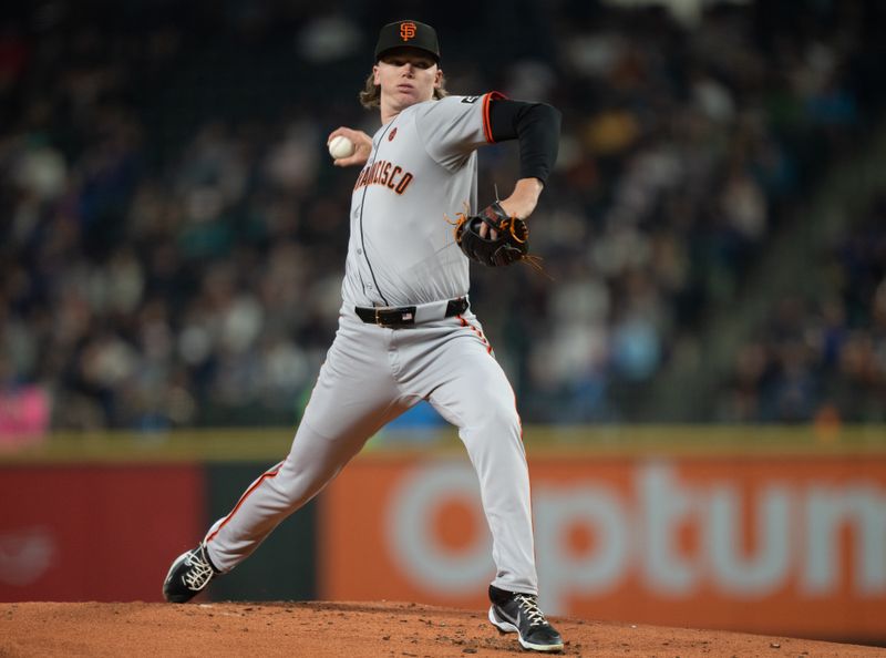 Aug 23, 2024; Seattle, Washington, USA; San Francisco Giants starter Hayden Birdsong (60) delivers a pitch during the first inning Mariners  at T-Mobile Park. Mandatory Credit: Stephen Brashear-USA TODAY Sports