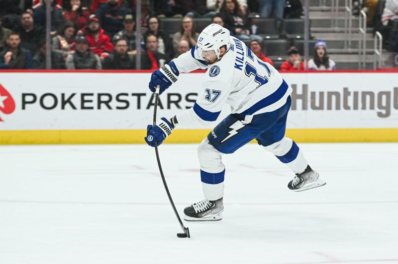 Feb 25, 2023; Detroit, Michigan, USA; Tampa Bay Lightning left wing Alex Killorn (17) scores a goal against the Detroit Red Wings during the third period at Little Caesars Arena. Mandatory Credit: Tim Fuller-USA TODAY Sports