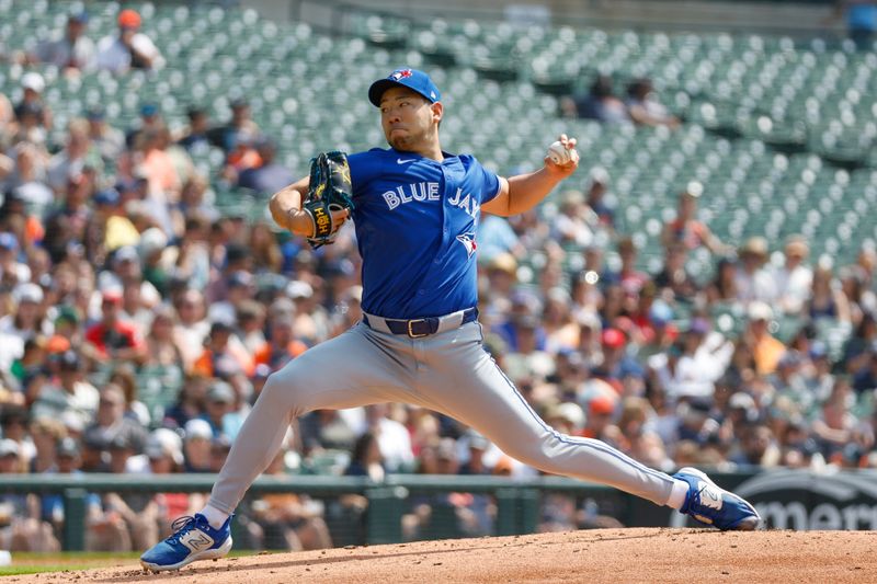 May 26, 2024; Detroit, Michigan, USA; Toronto Blue Jays starting pitcher Yusei Kikuchi (16) pitches during the first inning of the game against the Detroit Tigers at Comerica Park. Mandatory Credit: Brian Bradshaw Sevald-USA TODAY Sports