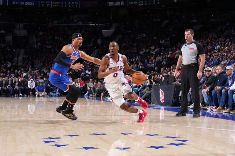 PHILADELPHIA, PA - JANUARY 15: Tyrese Maxey #0 of the Philadelphia 76ers drives to the basket during the game against the New York Knicks on January 15, 2025 at the Wells Fargo Center in Philadelphia, Pennsylvania NOTE TO USER: User expressly acknowledges and agrees that, by downloading and/or using this Photograph, user is consenting to the terms and conditions of the Getty Images License Agreement. Mandatory Copyright Notice: Copyright 2025 NBAE (Photo by Jesse D. Garrabrant/NBAE via Getty Images)