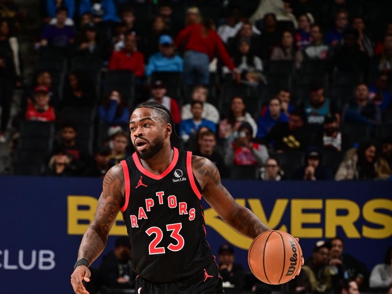 DETROIT, MI - NOVEMBER 24: Jamal Shead #23 of the Toronto Raptors handles the ball during the game against the Detroit Pistons on November 24, 2024 at Little Caesars Arena in Detroit, Michigan. NOTE TO USER: User expressly acknowledges and agrees that, by downloading and/or using this photograph, User is consenting to the terms and conditions of the Getty Images License Agreement. Mandatory Copyright Notice: Copyright 2024 NBAE (Photo by Chris Schwegler/NBAE via Getty Images)