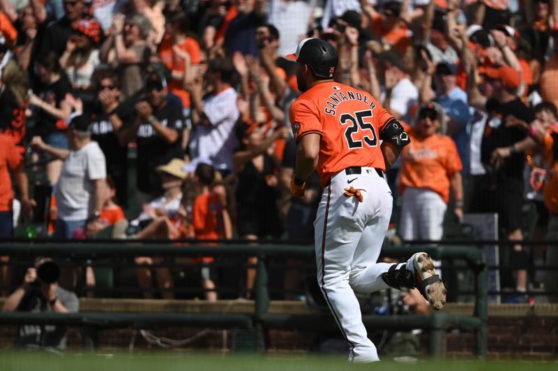 Jun 1, 2024; Baltimore, Maryland, USA;  Baltimore Orioles outfielder Anthony Santander (25) runs the bases after hitting a solo hime run in the first inning against the Tampa Bay Rays at Oriole Park at Camden Yards. Mandatory Credit: Tommy Gilligan-USA TODAY Sports