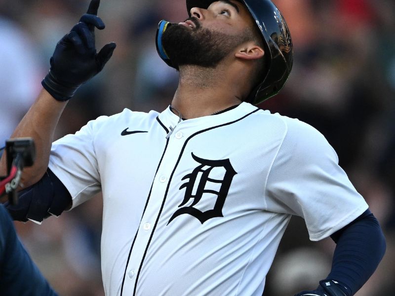 Jun 29, 2025; Detroit, Michigan, USA; Detroit Tigers left fielder Riley Greene (31) celebrates after hitting a solo home run against the Minnesota Twins in the fourth inning at Comerica Park. Mandatory Credit: Lon Horwedel-Imagn Images
