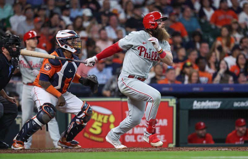 Apr 30, 2023; Houston, Texas, USA; Philadelphia Phillies center fielder Brandon Marsh (16) bats during the game against the Houston Astros at Minute Maid Park. Mandatory Credit: Troy Taormina-USA TODAY Sports