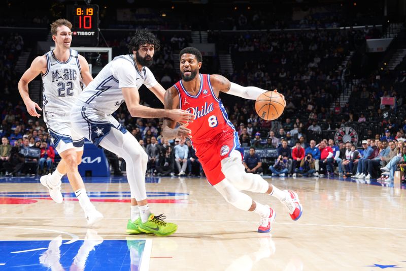 PHILADELPHIA, PA - DECEMBER 6: Paul George #8 of the Philadelphia 76ers dribbles the ball during the game against the Orlando Magic on December 6, 2024 at the Wells Fargo Center in Philadelphia, Pennsylvania NOTE TO USER: User expressly acknowledges and agrees that, by downloading and/or using this Photograph, user is consenting to the terms and conditions of the Getty Images License Agreement. Mandatory Copyright Notice: Copyright 2024 NBAE (Photo by Jesse D. Garrabrant/NBAE via Getty Images)