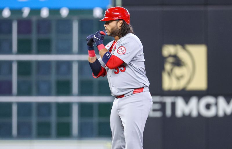 Jun 5, 2024; Houston, Texas, USA; St. Louis Cardinals shortstop Brandon Crawford (35) reacts after hitting a double during the third inning against the Houston Astros at Minute Maid Park. Mandatory Credit: Troy Taormina-USA TODAY Sports