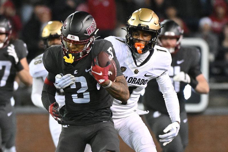 Nov 17, 2023; Pullman, Washington, USA; Washington State Cougars wide receiver Josh Kelly (3) is caught from behind by Colorado Buffaloes cornerback Cormani McClain (1) in the first half at Gesa Field at Martin Stadium. Mandatory Credit: James Snook-USA TODAY Sports