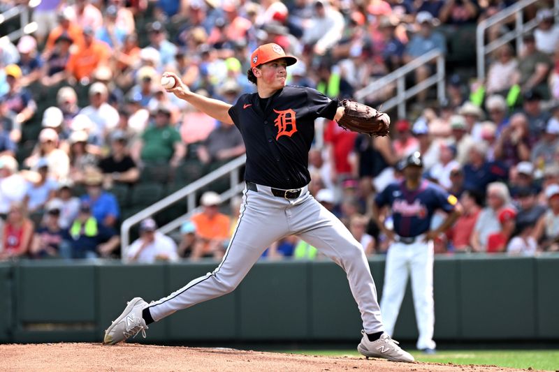 Mar 5, 2024; North Port, Florida, USA;  Detroit Tigers pitcher Reese Olson (40) throws a pitch in the first inning of the spring training game against the Atlanta Braves at CoolToday Park. Mandatory Credit: Jonathan Dyer-USA TODAY Sports