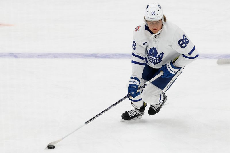 Oct 24, 2023; Washington, District of Columbia, USA; Toronto Maple Leafs right wing William Nylander (88) skates with the puck during warmup prior to the game against the Washington Capitals at Capital One Arena. Mandatory Credit: Geoff Burke-USA TODAY Sports