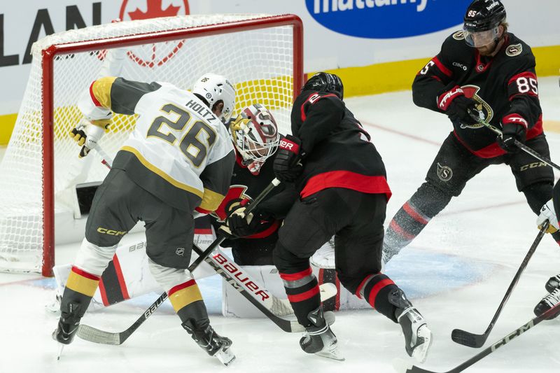 Nov 21, 2024; Ottawa, Ontario, CAN; Ottawa Senators goalie Linus Ullmark (35) makes a save in front of Vegas Golden Knights right wing Alexander Holtz (26) in the third period at the Canadian Tire Centre. Mandatory Credit: Marc DesRosiers-Imagn Images