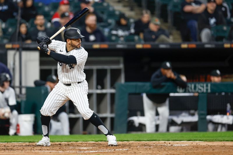 Apr 26, 2024; Chicago, Illinois, USA; Chicago White Sox left fielder Tommy Pham (28) bats against the Tampa Bay Rays during the fourth inning at Guaranteed Rate Field. Mandatory Credit: Kamil Krzaczynski-USA TODAY Sports