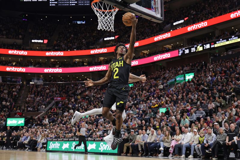 SALT LAKE CITY, UT - MARCH 27: Colin Sexton #2 of the Utah Jazz drives to the basket during the game against the San Antonio Spurs on March 27, 2024 at Delta Center in Salt Lake City, Utah. NOTE TO USER: User expressly acknowledges and agrees that, by downloading and or using this Photograph, User is consenting to the terms and conditions of the Getty Images License Agreement. Mandatory Copyright Notice: Copyright 2024 NBAE (Photo by Chris Nicoll/NBAE via Getty Images)