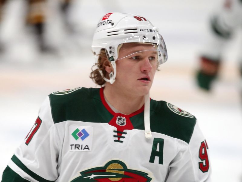 Oct 29, 2024; Pittsburgh, Pennsylvania, USA; Minnesota Wild left wing Kirill Kaprizov (97) warms up before the game against the Pittsburgh Penguins at PPG Paints Arena. Mandatory Credit: Charles LeClaire-Imagn Images