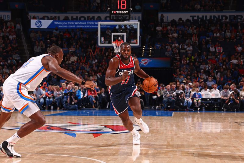 OKLAHOMA CITY, OK - FEBRUARY 23: Eugene Omoruyi #97 of the Washington Wizards handles the ball during the game against the Oklahoma City Thunder on February 23, 2024 at Paycom Arena in Oklahoma City, Oklahoma. NOTE TO USER: User expressly acknowledges and agrees that, by downloading and or using this photograph, User is consenting to the terms and conditions of the Getty Images License Agreement. Mandatory Copyright Notice: Copyright 2024 NBAE (Photo by Zach Beeker/NBAE via Getty Images)