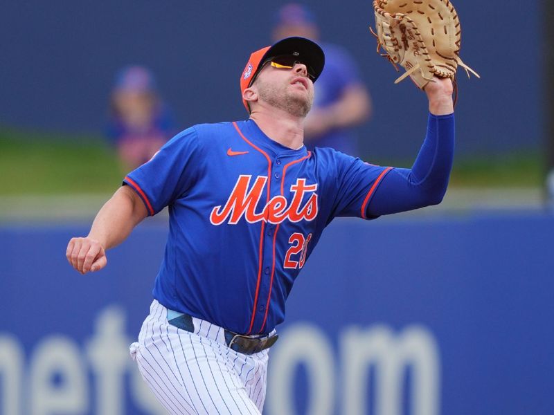 Mar 24, 2024; Port St. Lucie, Florida, USA;  New York Mets first baseman Pete Alonso (20) catches a pop fly in the first inning against the Washington Nationals at Clover Park. Mandatory Credit: Jim Rassol-USA TODAY Sports