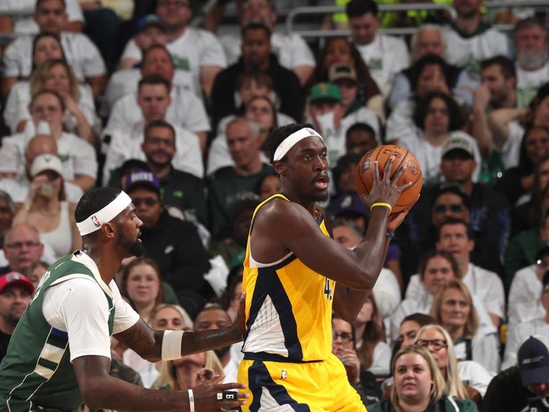 MILWAUKEE, WI - APRIL 23: Pascal Siakam #43 of the Indiana Pacers handles the ball during the game against the Milwaukee Bucks during Round One Game Two of the 2024 NBA Playoffs on April 23, 2024 at the Fiserv Forum Center in Milwaukee, Wisconsin. NOTE TO USER: User expressly acknowledges and agrees that, by downloading and or using this Photograph, user is consenting to the terms and conditions of the Getty Images License Agreement. Mandatory Copyright Notice: Copyright 2024 NBAE (Photo by Gary Dineen/NBAE via Getty Images).