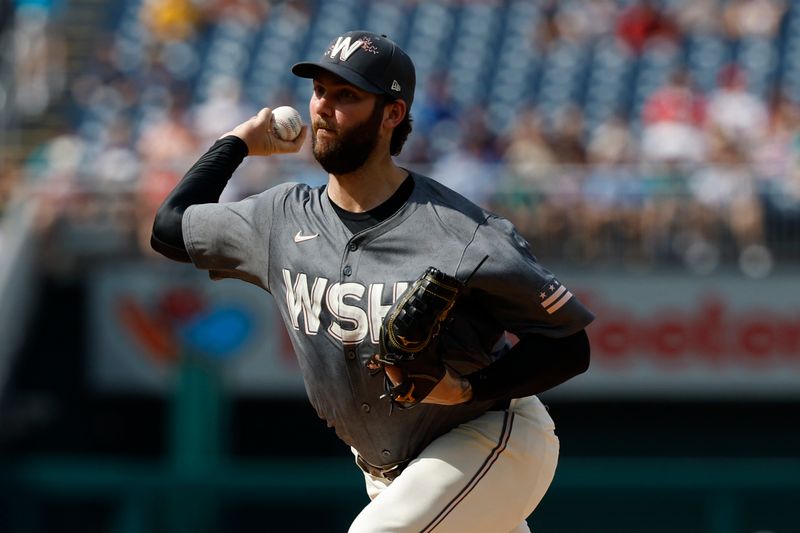 May 25, 2024; Washington, District of Columbia, USA; Washington Nationals starting pitcher Trevor Williams (32) pitches against the Seattle Mariners during the second inning at Nationals Park. Mandatory Credit: Geoff Burke-USA TODAY Sports