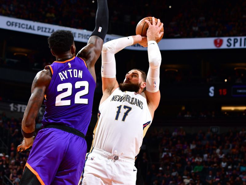 PHOENIX, AZ - OCTOBER 28: Jonas Valanciunas #17 of the New Orleans Pelicans shoots the ball during the game against the Phoenix Suns on October 28, 2022 at Footprint Center in Phoenix, Arizona. NOTE TO USER: User expressly acknowledges and agrees that, by downloading and or using this photograph, user is consenting to the terms and conditions of the Getty Images License Agreement. Mandatory Copyright Notice: Copyright 2022 NBAE (Photo by Barry Gossage/NBAE via Getty Images)