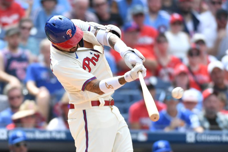 Aug 6, 2023; Philadelphia, Pennsylvania, USA; Philadelphia Phillies right fielder Nick Castellanos (8) hits a two-run home run against the Kansas City Royals during the fifth inning at Citizens Bank Park. Mandatory Credit: Eric Hartline-USA TODAY Sports