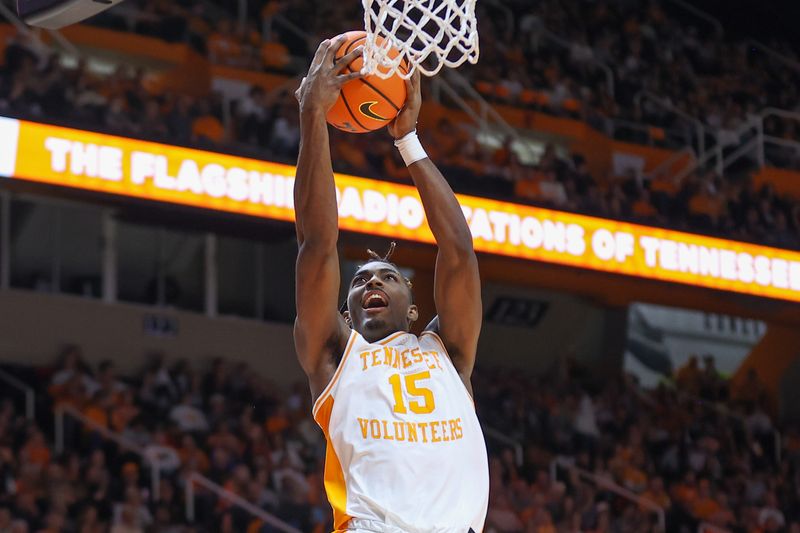 Feb 25, 2023; Knoxville, Tennessee, USA; Tennessee Volunteers guard Jahmai Mashack (15) goes to the basket against the South Carolina Gamecocks during the first half at Thompson-Boling Arena. Mandatory Credit: Randy Sartin-USA TODAY Sports