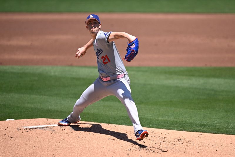 May 12, 2024; San Diego, California, USA; Los Angeles Dodgers starting pitcher Walker Buehler (21) throws a pitch against the San Diego Padres during the first inning at Petco Park. Mandatory Credit: Orlando Ramirez-USA TODAY Sports