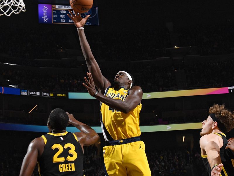 SAN FRANCISCO, CA - MARCH 22: Pascal Siakam #43 of the Indiana Pacers drives to the basket during the game against the Golden State Warriors on March 22, 2024 at Chase Center in San Francisco, California. NOTE TO USER: User expressly acknowledges and agrees that, by downloading and or using this photograph, user is consenting to the terms and conditions of Getty Images License Agreement. Mandatory Copyright Notice: Copyright 2024 NBAE (Photo by Noah Graham/NBAE via Getty Images)