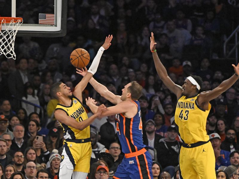 NEW YORK, NY - FEBRUARY 10: Bojan Bogdanovic #44 of the New York Knicks drives to the basket during the game against the Indiana Pacers on February 10, 2024 at Madison Square Garden in New York City, New York.  NOTE TO USER: User expressly acknowledges and agrees that, by downloading and or using this photograph, User is consenting to the terms and conditions of the Getty Images License Agreement. Mandatory Copyright Notice: Copyright 2024 NBAE  (Photo by David Dow/NBAE via Getty Images)