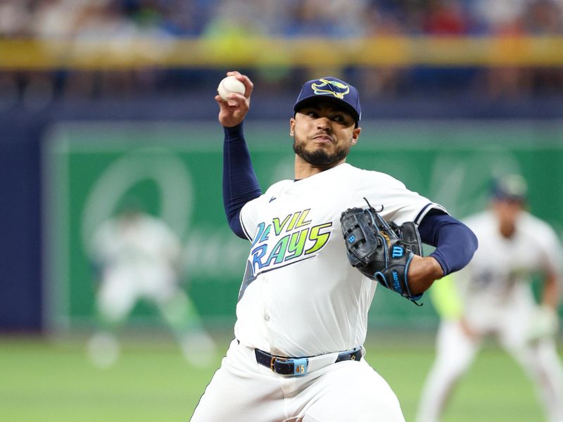 Jul 12, 2024; St. Petersburg, Florida, USA;  Tampa Bay Rays pitcher Taj Bradley (45) throws a pitch against the Cleveland Guardians in the second inning at Tropicana Field. Mandatory Credit: Nathan Ray Seebeck-USA TODAY Sports