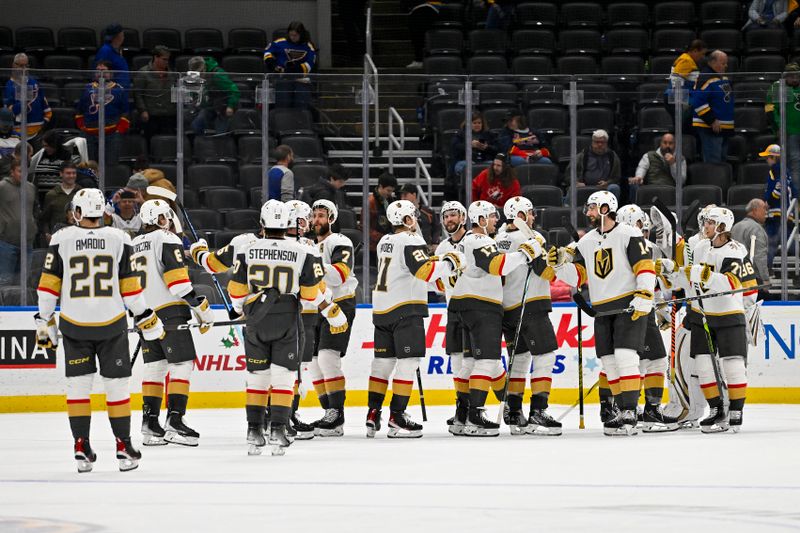 Dec 6, 2023; St. Louis, Missouri, USA;  Vegas Golden Knights celebrate after defeating the St. Louis Blues at Enterprise Center. Mandatory Credit: Jeff Curry-USA TODAY Sports