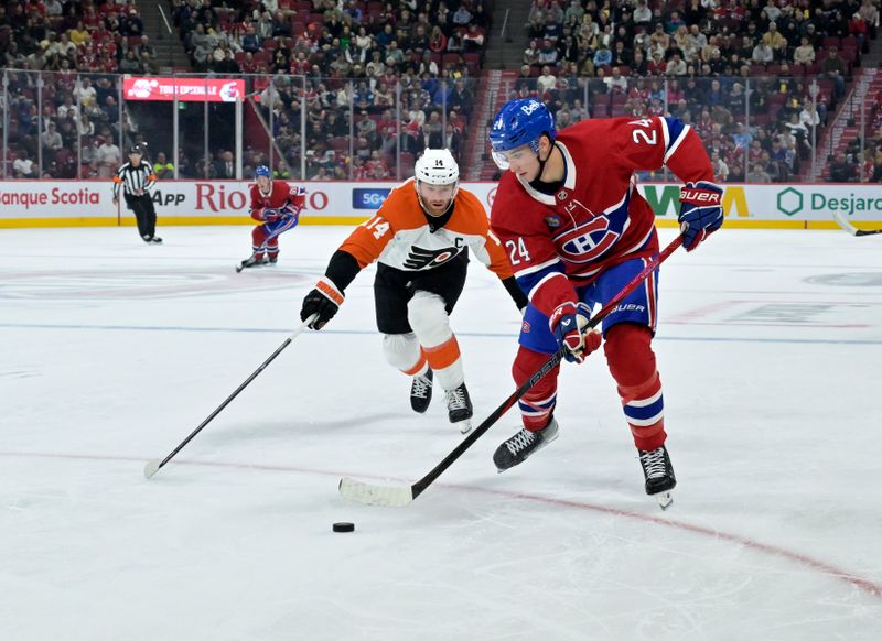 Sep 23, 2024; Montreal, Quebec, CAN; Philadelphia Flyers forward Sean Couturier (14) forechecks on Montreal Canadiens defenseman Logan Mailloux (24) during the first period at the Bell Centre. Mandatory Credit: Eric Bolte-Imagn Images