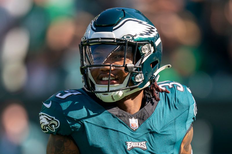 Philadelphia Eagles cornerback Eli Ricks (39) looks on during the NFL football game against the Washington Commanders, Sunday, Oct. 1, 2023, in Philadelphia. (AP Photo/Chris Szagola)