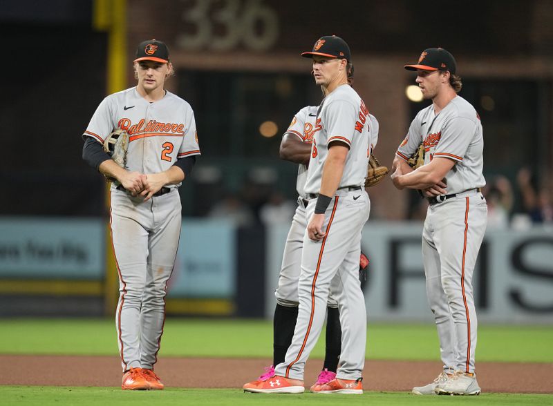 Aug 16, 2023; San Diego, California, USA;  The Baltimore Orioles infield waits during a pitching change against the San Diego Padres during the seventh inning at Petco Park. Mandatory Credit: Ray Acevedo-USA TODAY Sports