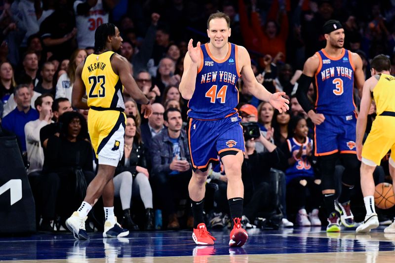 NEW YORK, NEW YORK - FEBRUARY 10:  Bojan Bogdanovic #44 of the New York Knicks reacts during the first half against the Indiana Pacers at Madison Square Garden on February 10, 2024 in New York City. NOTE TO USER: User expressly acknowledges and agrees that, by downloading and or using this photograph, User is consenting to the terms and conditions of the Getty Images License Agreement. (Photo by Steven Ryan/Getty Images)