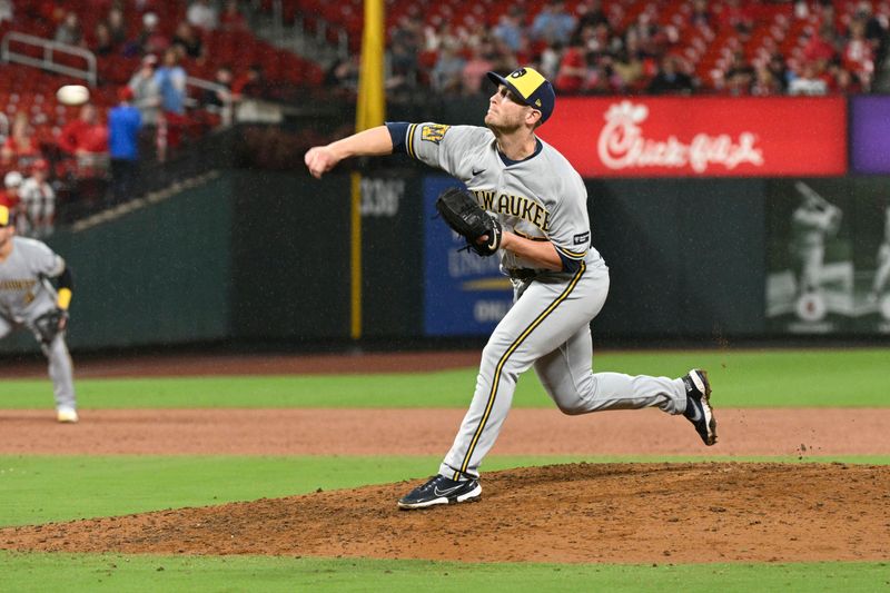 Sep 20, 2023; St. Louis, Missouri, USA; Milwaukee Brewers relief pitcher J.B. Bukauskas (50) throws against the St. Louis Cardinals during the ninth inning at Busch Stadium. Mandatory Credit: Jeff Le-USA TODAY Sports