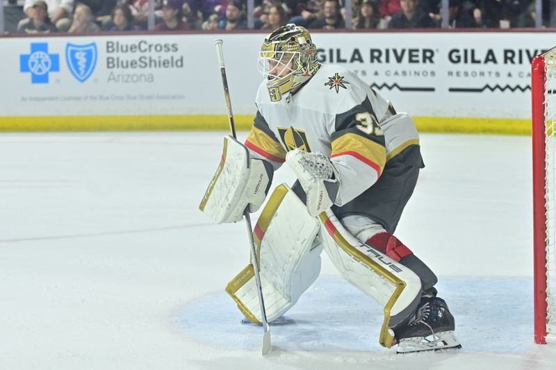 Feb 8, 2024; Tempe, Arizona, USA;  Vegas Golden Knights goaltender Adin Hill (33) defends in the second period against the Arizona Coyotes at Mullett Arena. Mandatory Credit: Matt Kartozian-USA TODAY Sports