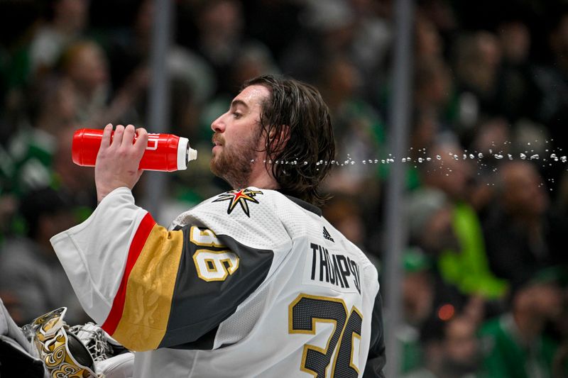 Dec 9, 2023; Dallas, Texas, USA; Vegas Golden Knights goaltender Logan Thompson (36) drinks from a water bottle during the second period against the Dallas Stars at the American Airlines Center. Mandatory Credit: Jerome Miron-USA TODAY Sports