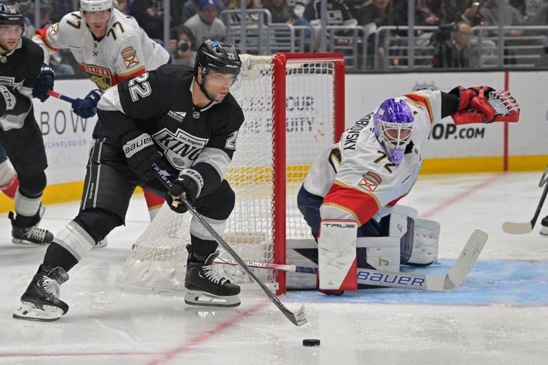Nov 6, 2025; Los Angeles, California, USA;  Florida Panthers goaltender Sergei Bobrovsky (72) defends the net as Los Angeles Kings left wing Kevin Fiala (22) handles the puck during the second period at Crypto.com Arena. Mandatory Credit: Jayne Kamin-Oncea-Imagn Images