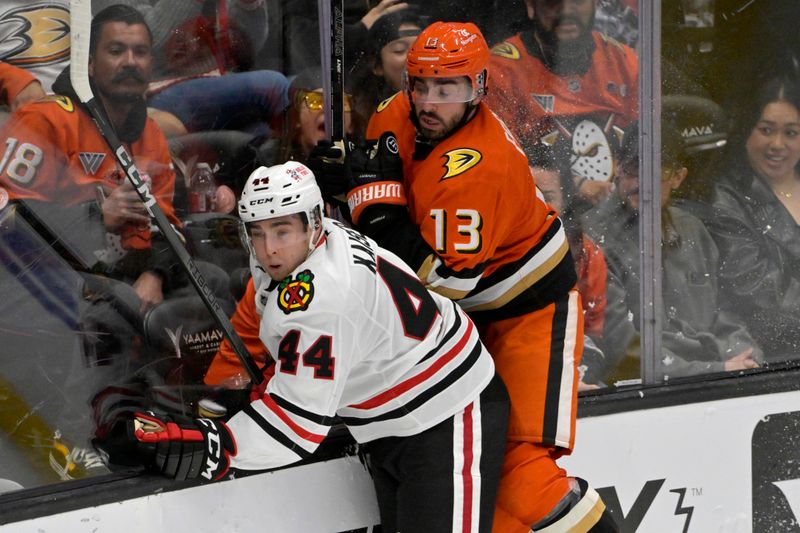 Nov 3, 2024; Anaheim, California, USA;  Chicago Blackhawks defenseman Wyatt Kaiser (44) and Anaheim Ducks center Robby Fabbri (13) crash into the boards in the second period at Honda Center. Mandatory Credit: Jayne Kamin-Oncea-Imagn Images