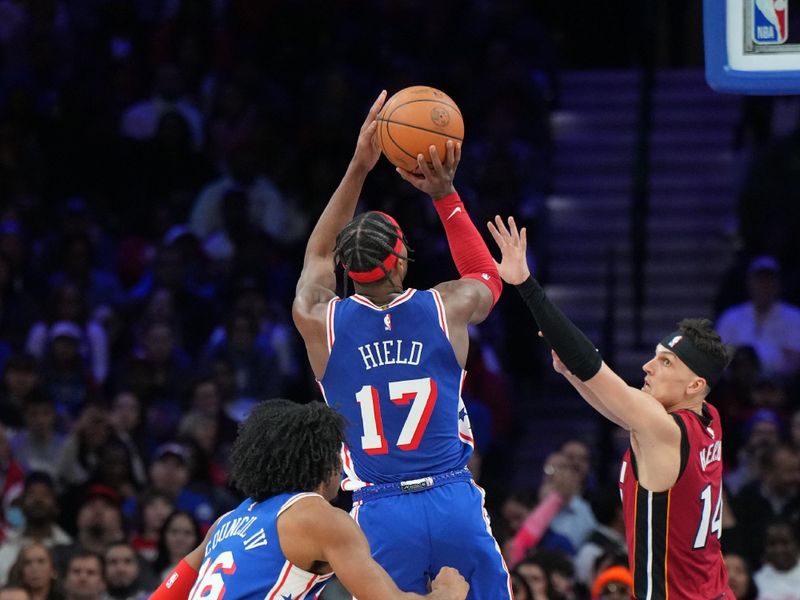 PHILADELPHIA, PA - FEBRUARY 14: Buddy Heild #17 of the Philadelphia 76ers shoots the ball during the game against the Miami Heat on February 14, 2024 at the Wells Fargo Center in Philadelphia, Pennsylvania NOTE TO USER: User expressly acknowledges and agrees that, by downloading and/or using this Photograph, user is consenting to the terms and conditions of the Getty Images License Agreement. Mandatory Copyright Notice: Copyright 2024 NBAE (Photo by Jesse D. Garrabrant/NBAE via Getty Images)