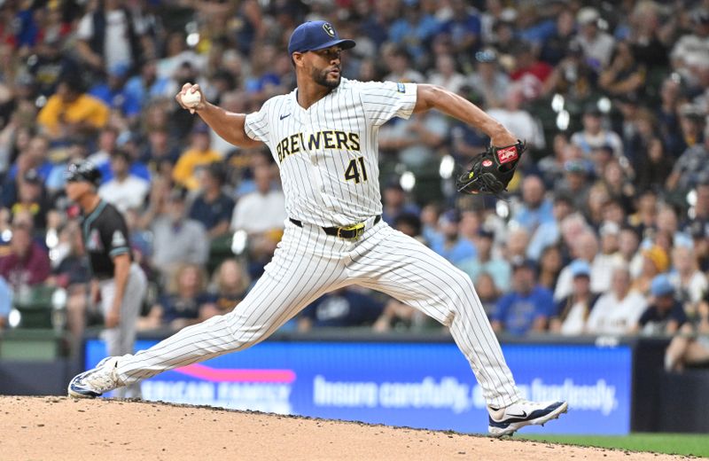 Sep 21, 2024; Milwaukee, Wisconsin, USA; Milwaukee Brewers pitcher Joe Ross (41) delivers a pitch against the Arizona Diamondbacks in the eighth inning at American Family Field. Mandatory Credit: Michael McLoone-Imagn Images