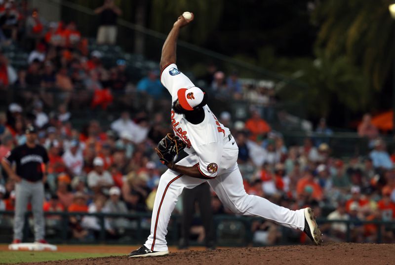 Mar 14, 2025; Sarasota, Florida, USA; Baltimore Orioles pitcher Felix Bautista (74) throws a pitch during the fifth inning against the Minnesota Twins at Ed Smith Stadium. Mandatory Credit: Kim Klement Neitzel-Imagn Images