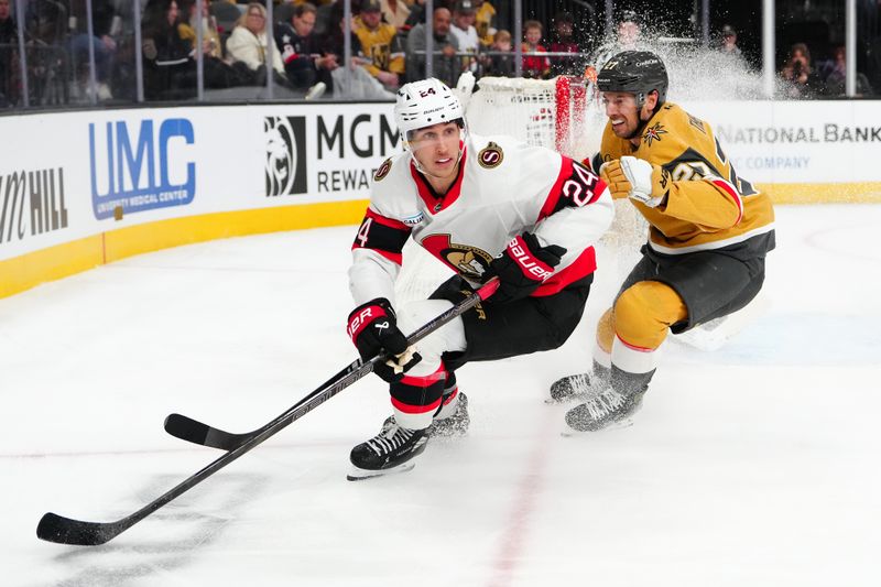 Nov 26, 2025; Las Vegas, Nevada, USA; Ottawa Senators center Dylan Cozens (24) skates ahead of Vegas Golden Knights defenseman Shea Theodore (27) during the second period at T-Mobile Arena. Mandatory Credit: Stephen R. Sylvanie-Imagn Images