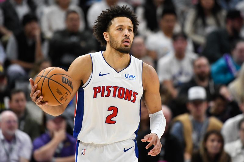 SALT LAKE CITY, UTAH - JANUARY 03: Cade Cunningham #2 of the Detroit Pistons in action during a game against the Utah Jazz at Delta Center on January 03, 2024 in Salt Lake City, Utah. NOTE TO USER: User expressly acknowledges and agrees that, by downloading and or using this photograph, User is consenting to the terms and conditions of the Getty Images License Agreement. (Photo by Alex Goodlett/Getty Images)