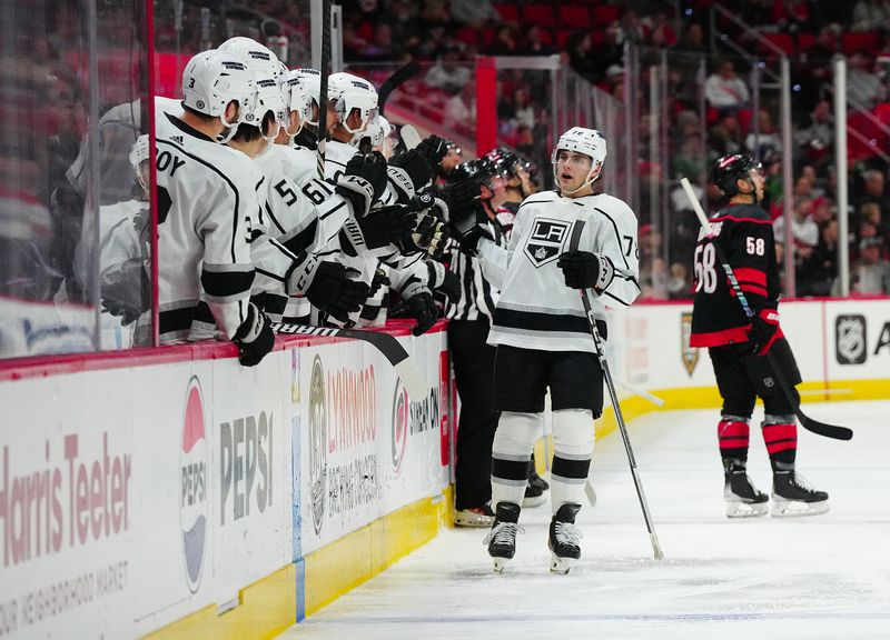 Jan 15, 2024; Raleigh, North Carolina, USA; Los Angeles Kings right wing Alex Laferriere (78) celebrates his goal against the Carolina Hurricanes during the third period at PNC Arena. Mandatory Credit: James Guillory-USA TODAY Sports