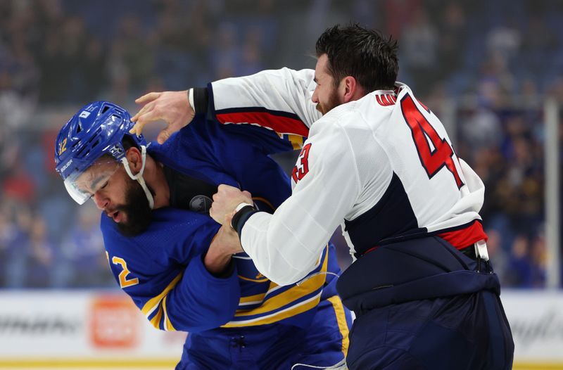 Apr 11, 2024; Buffalo, New York, USA;  Buffalo Sabres left wing Jordan Greenway (12) and Washington Capitals right wing Tom Wilson (43) fight during the third period at KeyBank Center. Mandatory Credit: Timothy T. Ludwig-USA TODAY Sports