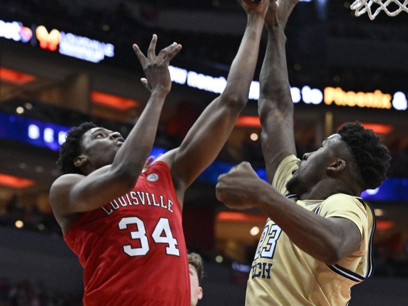 Feb 10, 2024; Louisville, Kentucky, USA; Louisville Cardinals forward Emmanuel Okorafor (34) shoots against Georgia Tech Yellow Jackets forward Ibrahima Sacko (23) during the second half at KFC Yum! Center. Louisville defeated Georgia Tech 79-67. Mandatory Credit: Jamie Rhodes-USA TODAY Sports