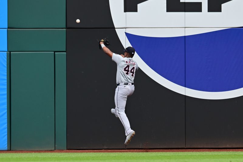 Jul 25, 2024; Cleveland, Ohio, USA; Detroit Tigers left fielder Justyn-Henry Malloy (44) can not catch a ball hit by Cleveland Guardians third baseman Jose Ramirez (not pictured) during the first inning at Progressive Field. Mandatory Credit: Ken Blaze-USA TODAY Sports