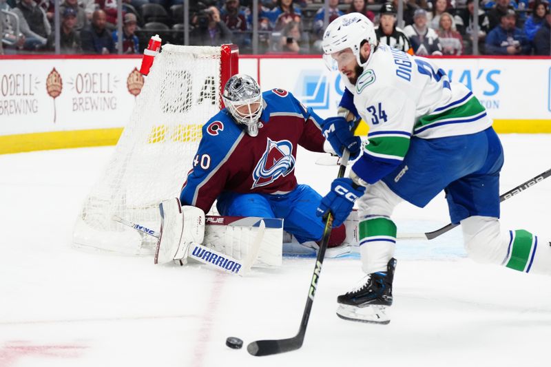 Feb 20, 2024; Denver, Colorado, USA; Colorado Avalanche goaltender Alexandar Georgiev (40) and Vancouver Canucks left wing Phillip Di Giuseppe (34) during the first period at Ball Arena. Mandatory Credit: Ron Chenoy-USA TODAY Sports